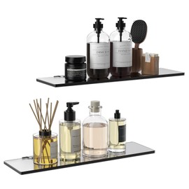 SHUAIAIW Glass Shelf for Bathroom, Shower Wall Organizer, Bathroom Shampoo Holder for Shower, 2-Pack No-Drill Black Glass Wall Shelf for Living Room/Bathroom/Kitchen/Office