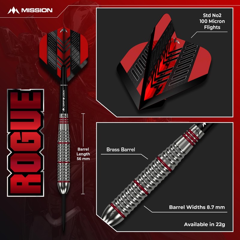 Mission | Rogue Darts | Silver & Red | Brass