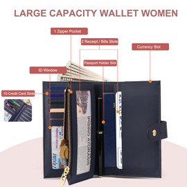 yiijay Wallet for Women RFID Blocking Leather Trifold Clutch Wallet Credit Card Holder Ladies Travel Wallet Purse with Pen Holder