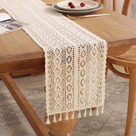 Gemseek 90 Inch Boho Crochet Table Runner, Vintage Bohemian Rustic Farmhouse Macrame Table Runner for Kitchen Coffee Dining Table Dresser Home Décor