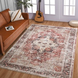 6x9 Washable Area Rug Red Vintage Floral Print Nonslip Thin Foldable Carpet for Living Room Bedroom Kitchen and Bathroom Traditional Distressed Indoor Accent Rug