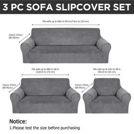 Peryiter 3 Pcs Slipcover Set for Couch Furniture Covers for Sofa Loveseat Couch Arm Chair, Form Fit Stretch, Wrinkle Free, Furniture Protector(Light Gray,Velvet)