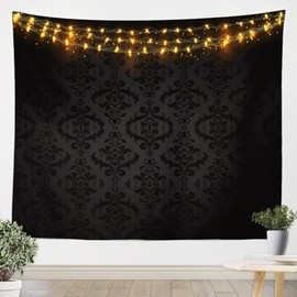 Feelyou Black Damask Pattern Tapestry Large 59"x82" Kids Vintage Floral Wall Blanket for Boys Girls Teens Antique Victorian Baroque Wall Hanging Baroque Style Wall Art Room Decor