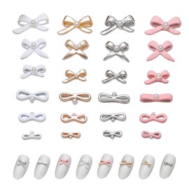 3D Bow Nail Charms,24PCS Gold Silver Pink White Bow Tie Pearl Nail Art Charms,Nail Rhinestones Gems Nail Art Bows for Nail Art Design Decorations DIY Crafts Jewelry Accessories (Pattern A)