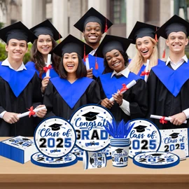Blue and White Graduation Decorations Dinnerware Set, Class of 2025 Graduation Plates and Napkins, Graduation Plates and Cups and Napkins Set for Congrats Grad Party Decorations Blue, Serve 25