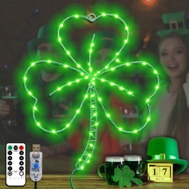 YAOZHOU St Patricks Day Decorations,Irish Shamrock LED Window Lights,13.2IN 58LED Green Iron Frame Silhouette Clover Lights, USB Powered Remote Control, Wall Indoor Party Favors Accessories (1PACK)