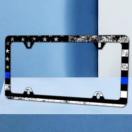 Vintage American Flag Thin Blue Line License Plate Frame Patriotic License Plate Frames Funny Auto Accessory Bracket Stainless Steel License Plate Holder with Screws for Women Men 6x12 Inch 4 Holes