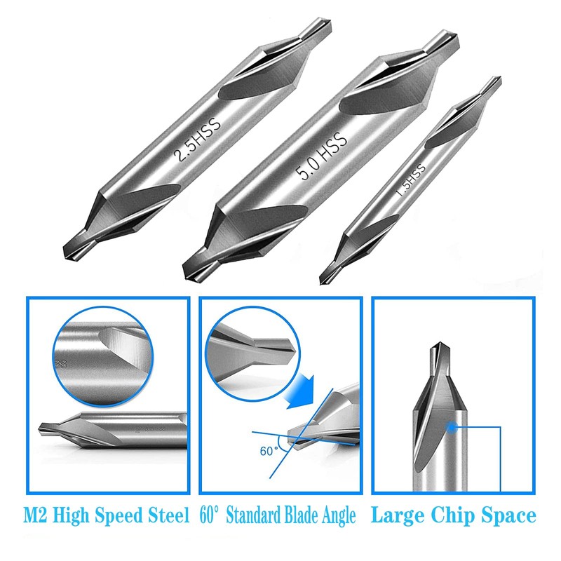 Yuentoen 7 Pieces Center Drill Bits Set, HSS 60° Countersink