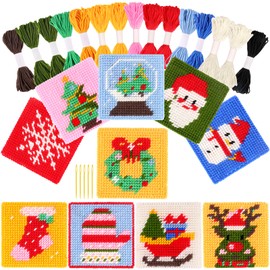 Pllieay Christmas 10-in-1 Cross Stitch Beginner Kit for Kids, Includes Instruction of 10 Different Patterns, 10 Printed Plastic canvases for Needlework, Needlepoint Starter Sewing Set