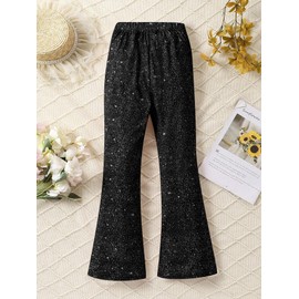 WDIRARA Girl's Glitter Elastic Waist Flare Bell Bottom Party Stretch Pants Black 9 Years