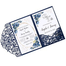 DORIS HOME 50pcs Blue blank 4.7x7 Inch Wedding Invitation Kits Laser Cut Hollow Rose Pocket Wedding Invitations with Envelopes For Wedding Bridal Shower Engagement Invite