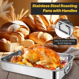 15.5" Stainless Steel Roasting Pans with Handles, Baking Pan for Oven with 2 Racks, Heavy Duty, Dishwasher Safe Rectangular Lasagna Pan with Handles for Turkey Chicken, Silver