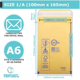 Triplast Gold Bubble Padded Envelopes - Pick Qty & Size: 10 x 1/A (100x165mm) A6 Envelopes - Large Letter Postal Bags with Bubble Wrap Lining and Peel & Seal Strip for Royal Mail Shipping & Postage