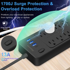 Asamoom 20 FT 14-in-1 Power Strips with Surge Protection 1700J, 10 Outlets with 4 USB Ports (1 USB C) Long Extension Cord with Multiple Outlets 16Awg 1625W/13A Flat Plug Power Strip Protector Black