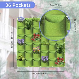 WHATWEARS Hanging Planter Bags, 36 Pockets Hanging Vertical Wall Mounted Planter Planting Grow Bags, Gardening Vertical Greening Flower Container Plant Pouch Storage Bags(1m×1m, Green)