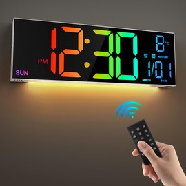 LEIKE 16.2'' Large Digital Wall Clock with Remote Control, Big LED/Dual Alarm/8 RGB Colors/Auto Brightness/Date/Auto DST/Temperature/Night Light Gym Clocks for Living Room Bedroom Office Wall Decor