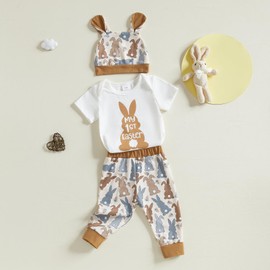 Lucikamy Easter Newborn Baby Boy Girl 3Pcs Outfit Infant Short Sleeve Romper Cute Pattern Pants Hat Summer Clothes (B White, 9-12 Months)