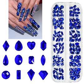 qiipii 120Pcs Blue Rhinestones Nail Charms 12 Shapes Royal Blue Flatback Big Gems K9 Glass Sapphire Blue Nail Stones Diamonds jewels Nail Art Supplies Nail Decor for Nails Face Eyes Makeup DIY Crafts