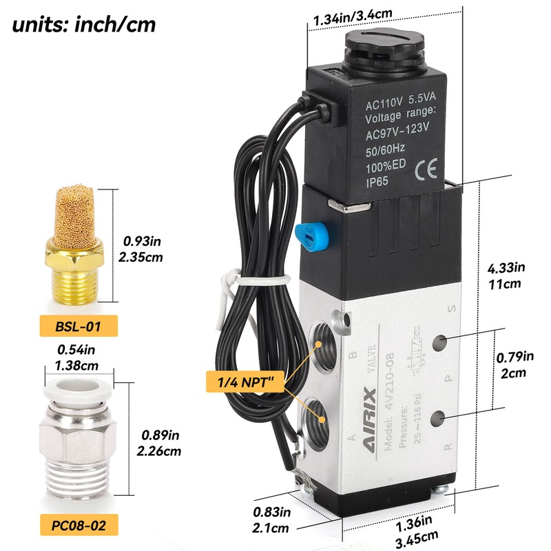 AIRIX 4V210-08 Pneumatic Solenoid Valve AC110V, 2 Position 5 Way,