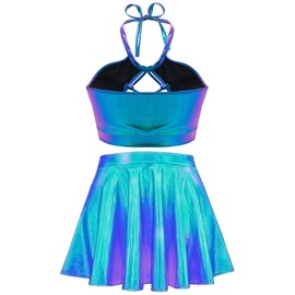 SFBBCLOZ Women's Rave Outfit Sets For Women Festivals 2 Pcs Metallic Tops long Skirt EDM Party Club Holographic Rave Outfits Blue L