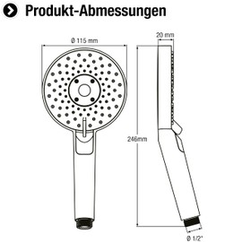 Cornat TECB3484 Simple Hand Shower Head Diameter 115 mm Grey / Chrome-Plated 3 Jet Types: Normal, Impulse & Combination Anti-Limescale and Water-Saving Button Eco Shower Head for Shower and Bathtub