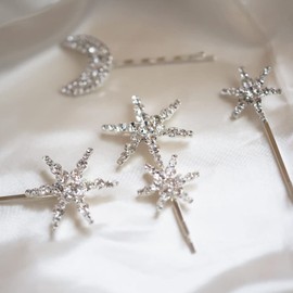 Qroza Hair Pin, 4-Piece Set, Star, Moon, Silver, Moon, Sparkle, Elegant, Wedding, Wedding, Hair Arrangement, Hair Clip, American Pin, Headdress
