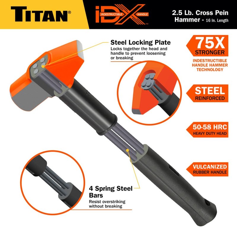 Titan iDX 63620 2.5lb Cross Pein Hammer, Blacksmith Tool with