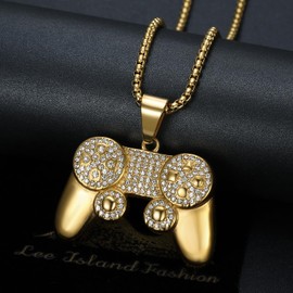 Game Controller Pendant Stainless Steel Punk Rock Necklace for Men Women, 24 Inch Chain Hip Hop Game Console Bling Jewelry Gift (Golden)