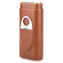 Cigar Case with Cutter and Gift Box, Cigar Travel Case for Men, 3-Finger Leather Cigar Carrying Bag, Wood Lined Cigar Humidor Case for (Brown)