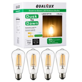 Dusk to Dawn Edison Light Bulbs ST58(ST19) Vintage, Soft White 2700K, 6.5W=60W, Non-Dimmable Auto On/Off, Light Sensing LED Filament Bulb Outdoor for porch patio garage garden,750LM, E26, 4-Pack