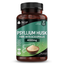 Fibre Supplement 4000mg Psyllium Husk with Acidophilus - High Strength - Natural Soluble Fiber Supplement from Plantago Ovata Seeds, 120 Psyllium Husks Capsules Vegan, UK Made by New Leaf
