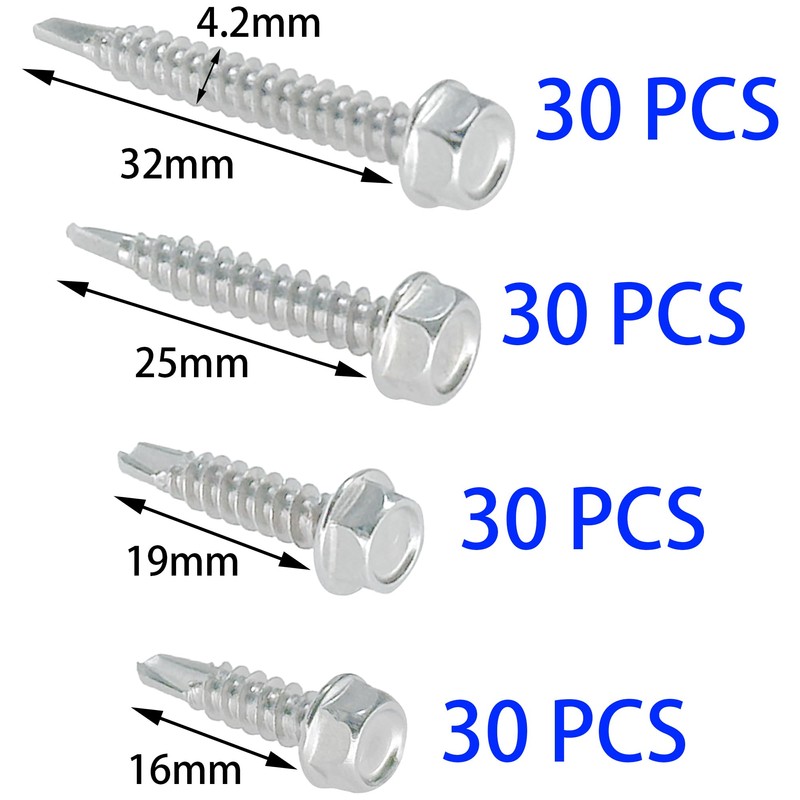 120 PCS Stainless Steel Outer Hex Self Tapping Self Drilling