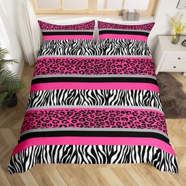 Zebra Stripes Duvet Cover Leopard Bedding Set For Kids Boys Girls Pink Black White Zebra Leopard Fur Comforter Cover Ultra Soft Wild Animal Skin Texture Bedspread Cover Double