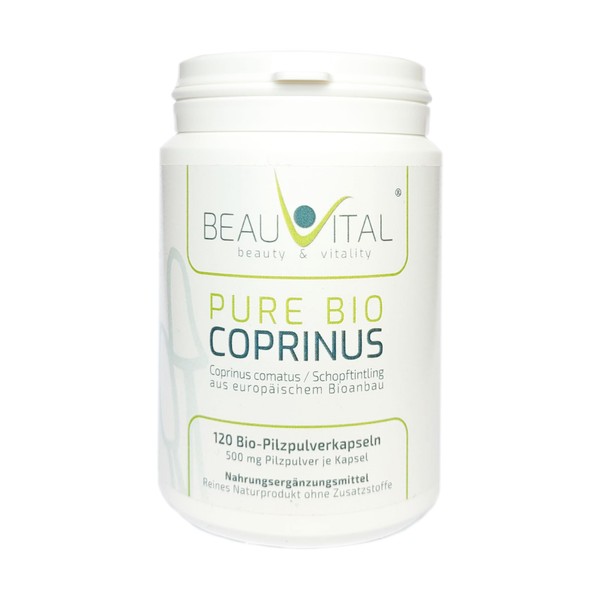 Pure Bio Coprinus Capsules 120 per 500 mg Coprinus Comatus (Schopftintling) Vital Mushrooms from EU Organic Agriculture, Vegan, No Artificial Additives