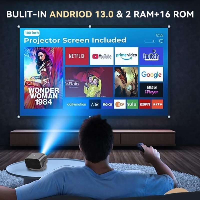 Smart Mini Projector with WiFi 6 and Bluetooth, Android 13