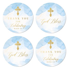 Mobiusea Creation First Communion God Bless Baptism Stickers for Boys | 2 inch | Blue Gold Foil Cross| 60pcs Waterproof Christian Thank You Religious Stickers Baptism Favor Tag Labels