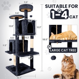 TSCOMON 58.5inch Large Cat Tree Tower Condo for Indoor Cats, Soft Plush Multi-Level Climbing Tree Cat House with 1 360° Rotating Cat Cave, Scratching Post, More Entrance/Exit, Sisal Rope, Smoke Gray