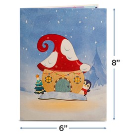 Frndly by Paper Love 3D Pop Up Christmas Card, Penguin Mushroom House, Handcrafted 3D Greeting Cards, For Christmas, Holidays, 100% Recycled and Eco-Friendly, 8" x 6" Cover - With Note Tag