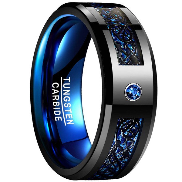 NUNCAD 8mm Blue Tungsten Ring Mens Celtic & Blue Cubic