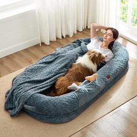 ChiXnuggle ChiXnuggle Human Dog Bed for Adult - Luxury Faux Fur Giant Human Size Dog Bed with Portable Handle, Egg Orthopedic Foam Dog Human Bed with Blanket, 72"x40"x10", Grayish Blue