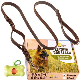 ADITYNA Double Handle Leather Dog Leash 6 Foot - Heavy Duty Dog Leash with Traffic Handle - Braided Leather Lead for Large and Medium Dogs