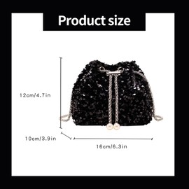 DiiWmme Bucket Bag for Women Sparkly Black Clutch Bag with Drawstring Detachable Chain Strap Elegant Shoulder Handbag Crossbag for Wedding Party Evening Bag for Girls Ladies