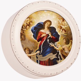 Cottage Garden Mary Undoer of Knots Prayer Tiny Round Ivory with Gold Trim Jewelry Keepsake Box