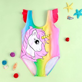 CHUNG Girls Cute Print Dino Adjustable Bathing Suits Ruffle Striped Rainbow Swimsuits Swimwear One Piece Bikini,Unicorn-4-5Y(110)