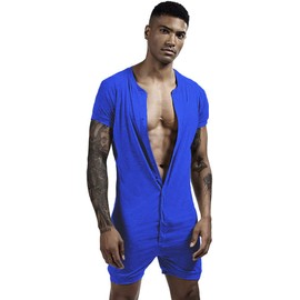 GYMAPE Men's Short-Sleeved Stranpler Pyjamas Henley Jumpsuit Stretchy Cotton Ramper with Buttons, blue, L