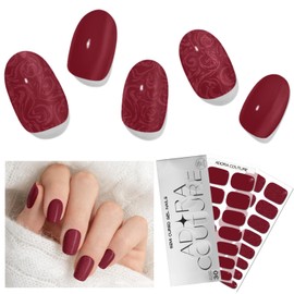 Adora Couture Semi Cured Gel Nail Strips with 30 Pieces, Salon Quality Nail Wraps for Women, Red Burgundy with Rose Pearl Shimmering UV Gel Nail Stickers, UV Light Required, Red Delicious