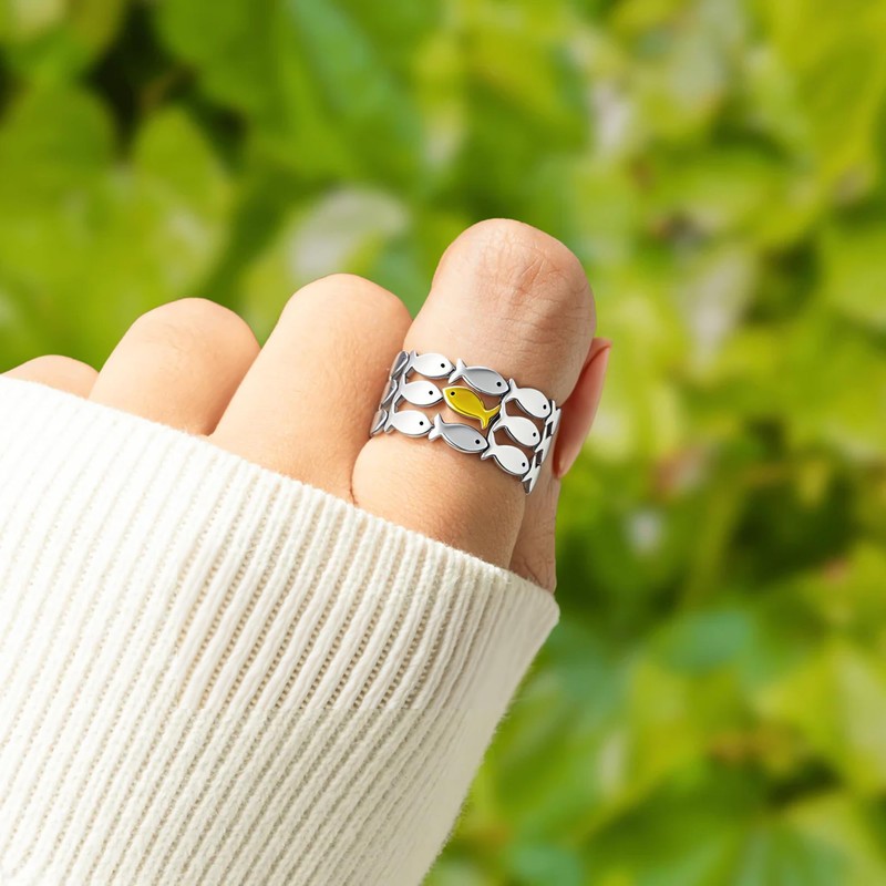 HOLINSE Swim Against the Current Ring Anti-Tarnish,Just Keep Swimming Ring,Unique