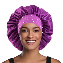 YeeMan Hair Bonnet Glittering Pearls and Rhinestones Satin Bonnet Wide Band Sleeping Cap (Purple)