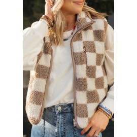 Shewin 2025 Fall/Winter Lady Women's Khaki Checkered Plaid Sherpa Collared Sleeveless Jacket VestColor: LC853376-P1622-Khaki, Size: M