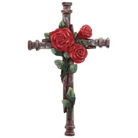 Top Brass Decorative Red Rose and Nails Floral Wall Cross - Spiritual Jesus Garden Art Decor